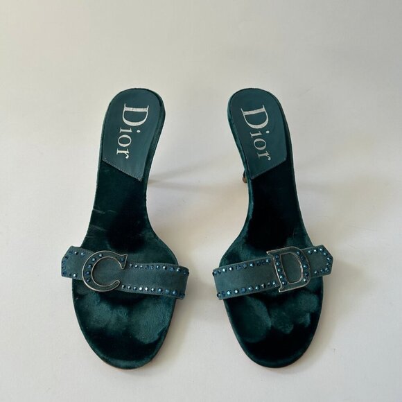 VINTAGE CHRISTIAN DIOR BLUE VELVELT EMBELLISHED HEELS - Picture 5 of 9